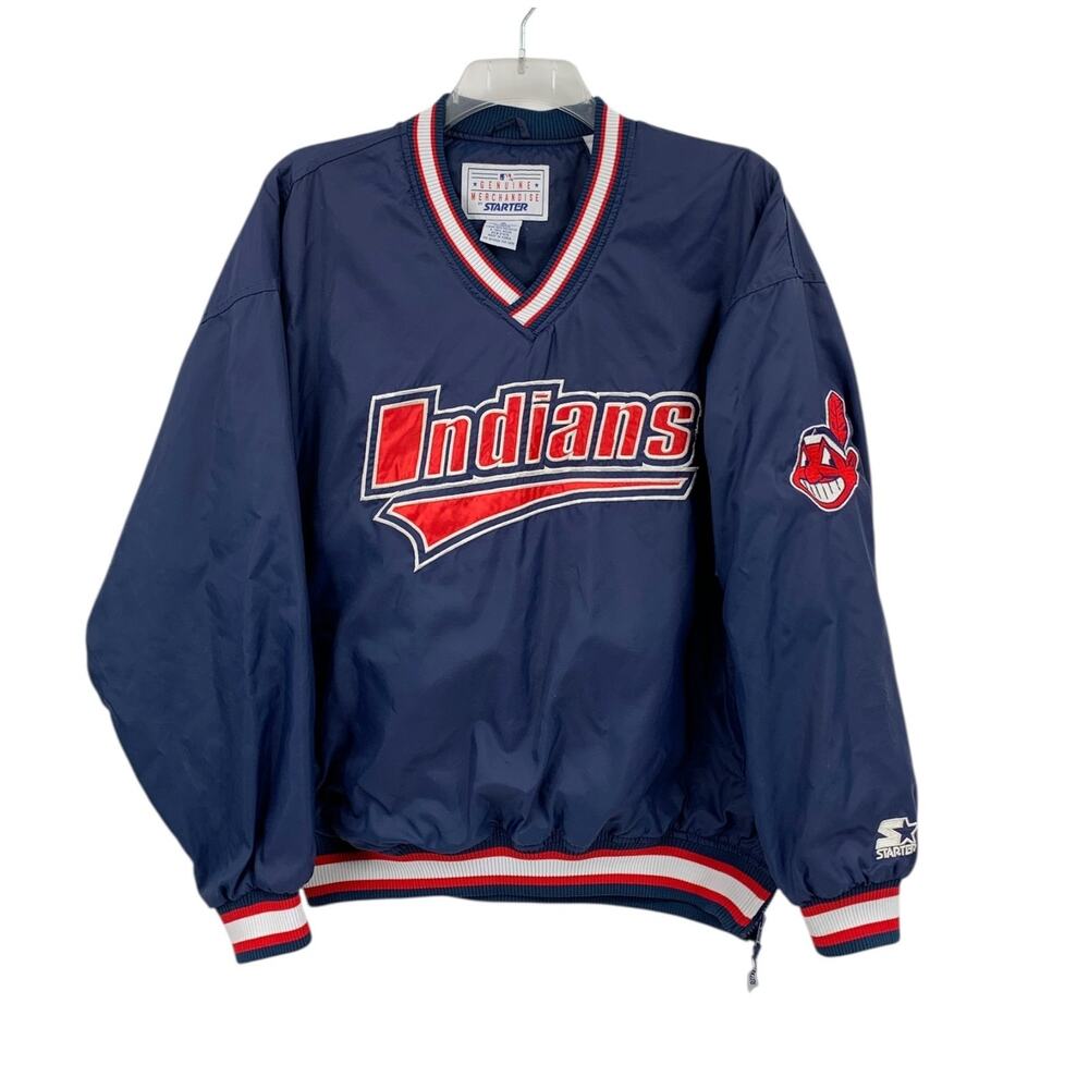 Vtg Cleveland Indians Starter Pullover Windbreaker XL Jacket Side Zip Pockets